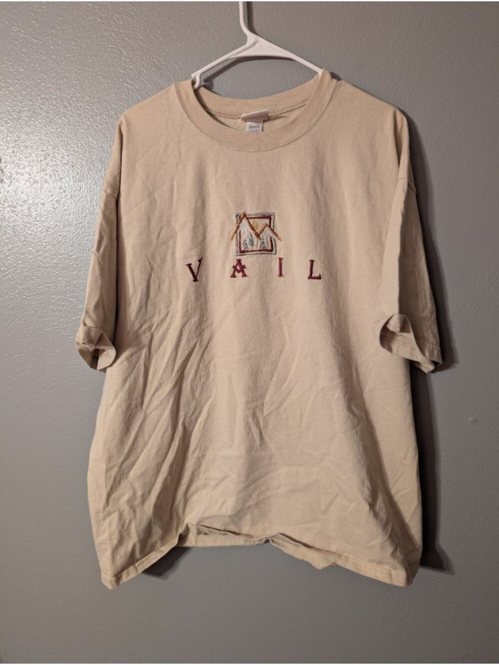Vintage 90s Top Threads Vail Colorado T Shirt Mens XL Tan Embroidered Mountain